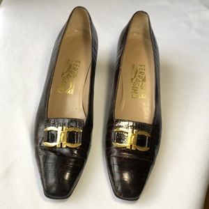 Gently worn Salvatore Farragamo brown leather crock design shoes